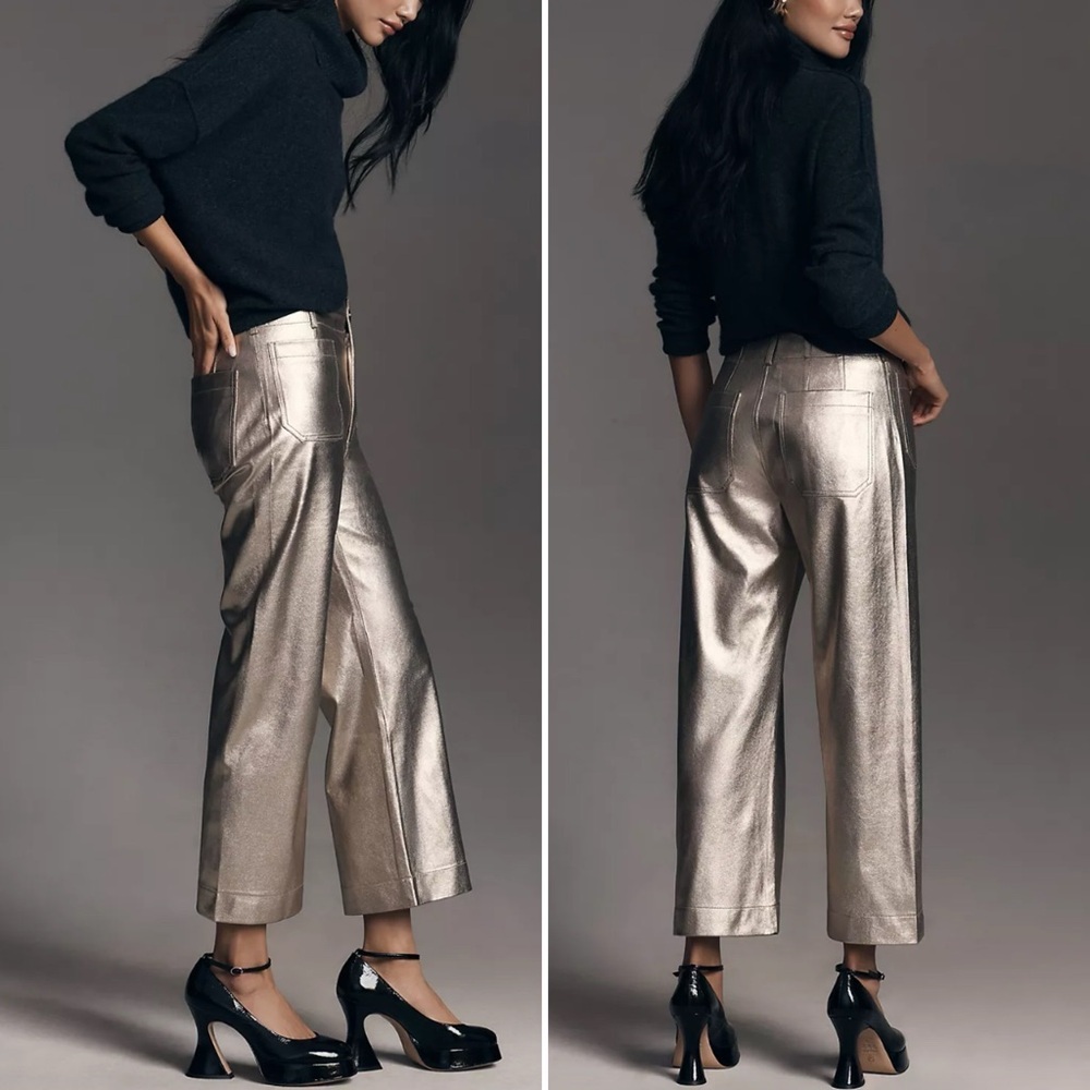 MAEVE x ANTHROPOLOGIE The Colette Metallic Faux Leather Cropped Wide-Leg Pants - Picture 2 of 11